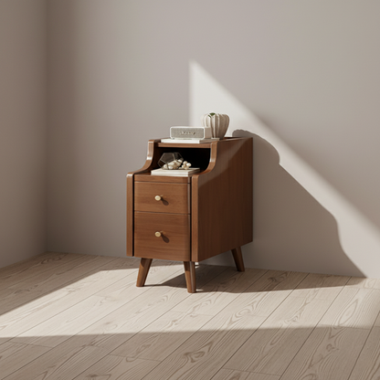 Contemporary Scandinavian Rectangular Rubberwood Space-Saving Nightstand 1-Tier 2-Drawer For Bedroom