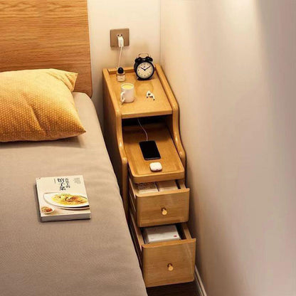 Contemporary Scandinavian Rectangular Rubberwood Space-Saving Nightstand 1-Tier 2-Drawer For Bedroom