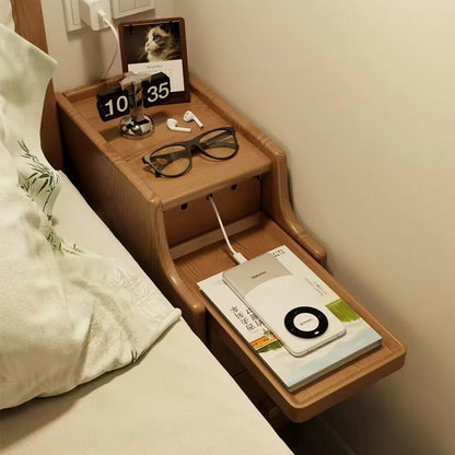 Contemporary Scandinavian Rectangular Rubberwood Space-Saving Nightstand 1-Tier 2-Drawer For Bedroom