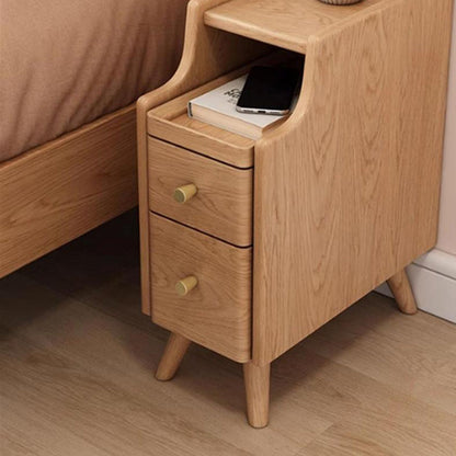 Contemporary Scandinavian Rectangular Rubberwood Space-Saving Nightstand 1-Tier 2-Drawer For Bedroom