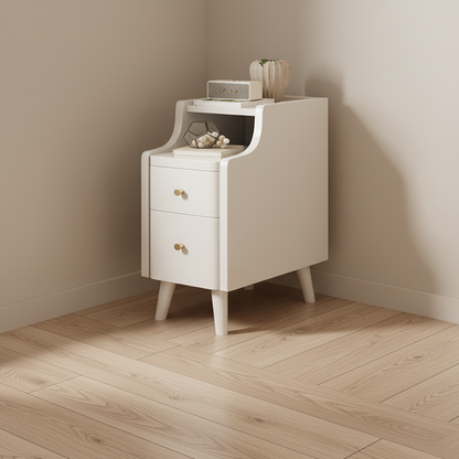 Contemporary Scandinavian Rectangular Rubberwood Space-Saving Nightstand 1-Tier 2-Drawer For Bedroom