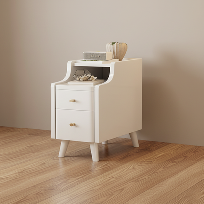 Contemporary Scandinavian Rectangular Rubberwood Space-Saving Nightstand 1-Tier 2-Drawer For Bedroom