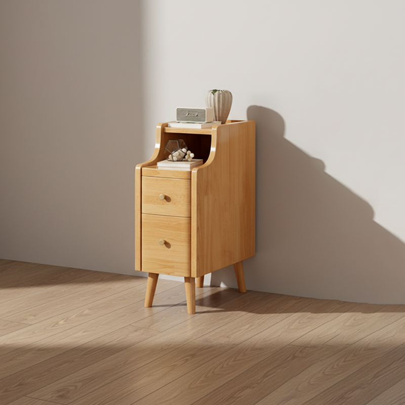 Contemporary Scandinavian Rectangular Rubberwood Space-Saving Nightstand 1-Tier 2-Drawer For Bedroom