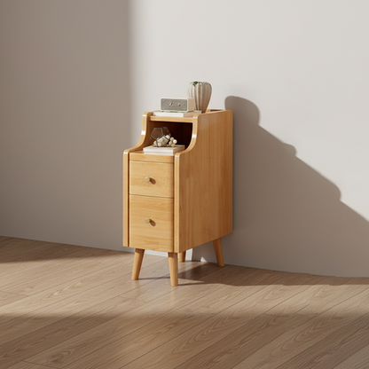 Contemporary Scandinavian Rectangular Rubberwood Space-Saving Nightstand 1-Tier 2-Drawer For Bedroom