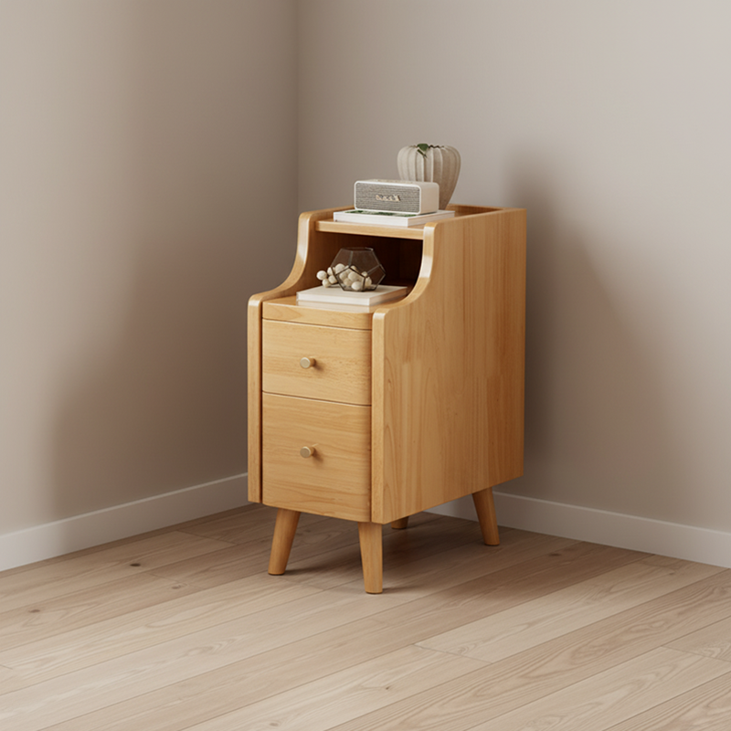Contemporary Scandinavian Rectangular Rubberwood Space-Saving Nightstand 1-Tier 2-Drawer For Bedroom