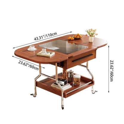 Traditional Vintage Rectangular Tempered Glass Plywood Stainless Steel Foldable Movable Coffee Table 2-Drawer For Living Room