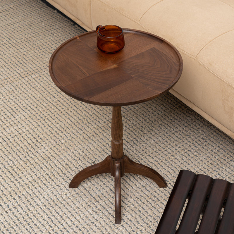 Traditional Vintage Round Black Walnut Side Table For Living Room