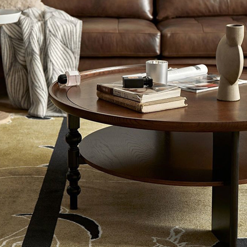 Modern Mid-Century Round Rubberwood Coffee Table 1/2-Tier For Living Room