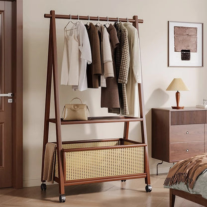 Contemporary Retro Trapezoidal Multifunctional Nan Bamboo Hall Tree Coat Rack With Wheels & Plastic Rattan Laundry Basket For Entryway
