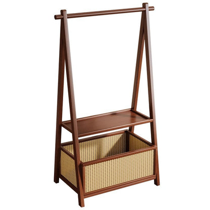 Contemporary Retro Trapezoidal Multifunctional Nan Bamboo Hall Tree Coat Rack With Wheels & Plastic Rattan Laundry Basket For Entryway