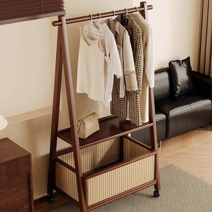 Contemporary Retro Trapezoidal Multifunctional Nan Bamboo Hall Tree Coat Rack With Wheels & Plastic Rattan Laundry Basket For Entryway