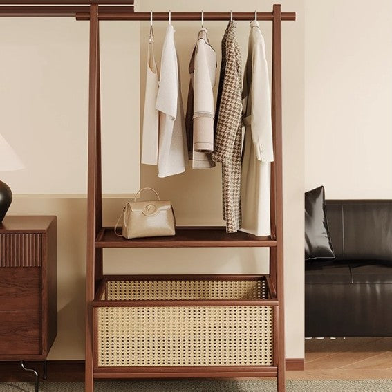 Contemporary Retro Trapezoidal Multifunctional Nan Bamboo Hall Tree Coat Rack With Wheels & Plastic Rattan Laundry Basket For Entryway