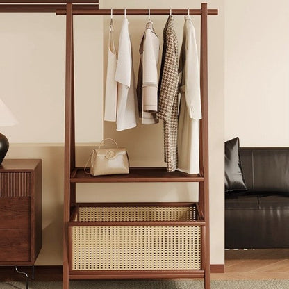 Contemporary Retro Trapezoidal Multifunctional Nan Bamboo Hall Tree Coat Rack With Wheels & Plastic Rattan Laundry Basket For Entryway