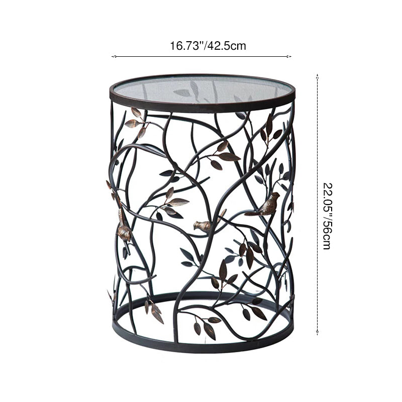 Traditional Vintage Cylindrical Leaf Design Openwork Wrought Iron Glass End Table For Living Room
