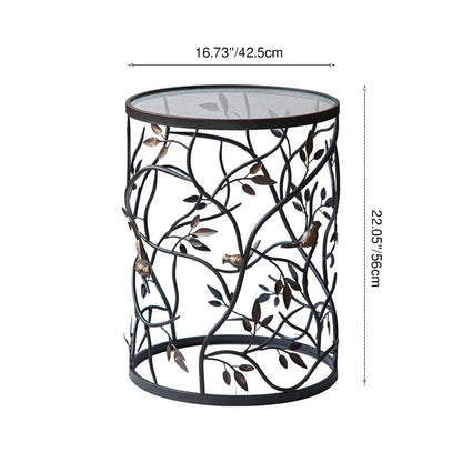 Traditional Vintage Cylindrical Leaf Design Openwork Wrought Iron Glass End Table For Living Room