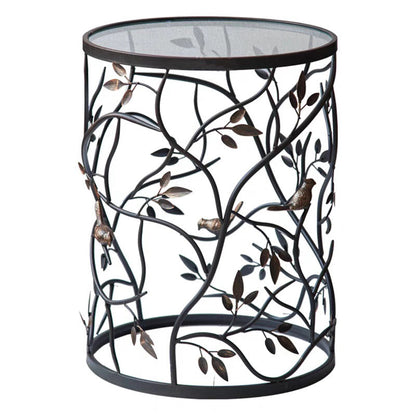 Traditional Vintage Cylindrical Leaf Design Openwork Wrought Iron Glass End Table For Living Room
