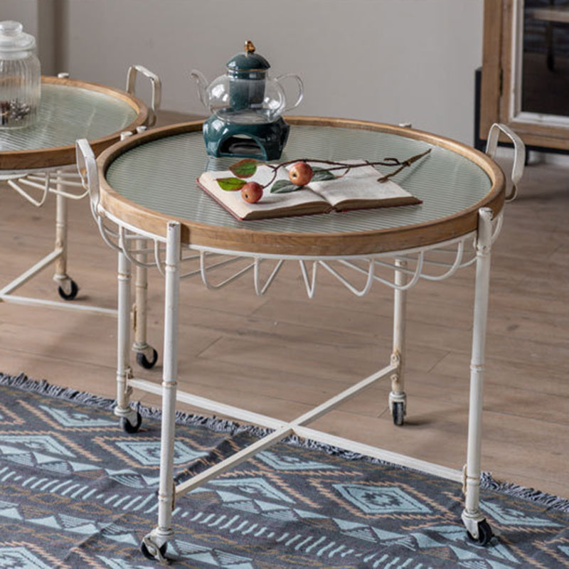Traditional Vintage Round Solid Wood Iron Tempered Glass End Table Movable 4-Leg For Living Room
