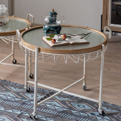 Traditional Vintage Round Solid Wood Iron Tempered Glass End Table Movable 4-Leg For Living Room