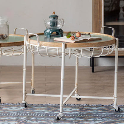 Traditional Vintage Round Solid Wood Iron Tempered Glass End Table Movable 4-Leg For Living Room