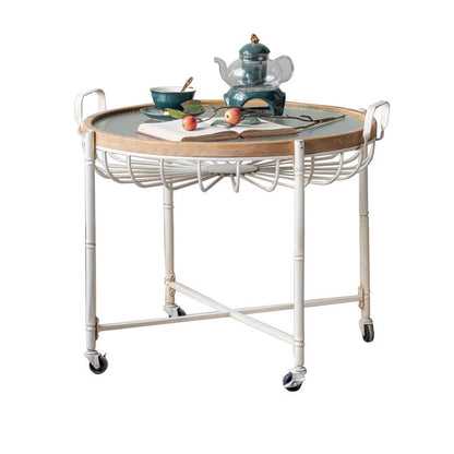Traditional Vintage Round Solid Wood Iron Tempered Glass End Table Movable 4-Leg For Living Room