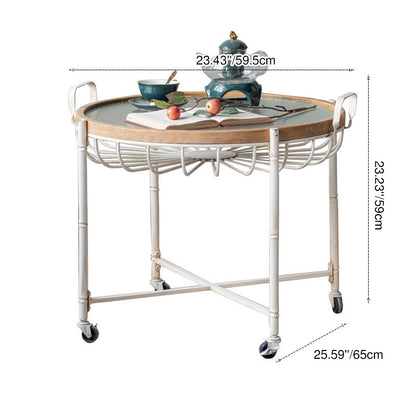 Traditional Vintage Round Solid Wood Iron Tempered Glass End Table Movable 4-Leg For Living Room