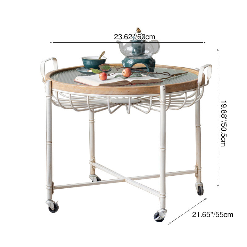 Traditional Vintage Round Solid Wood Iron Tempered Glass End Table Movable 4-Leg For Living Room