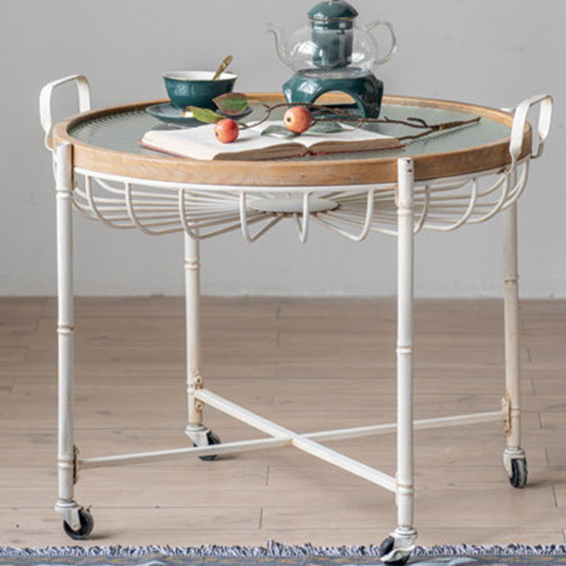 Traditional Vintage Round Solid Wood Iron Tempered Glass End Table Movable 4-Leg For Living Room