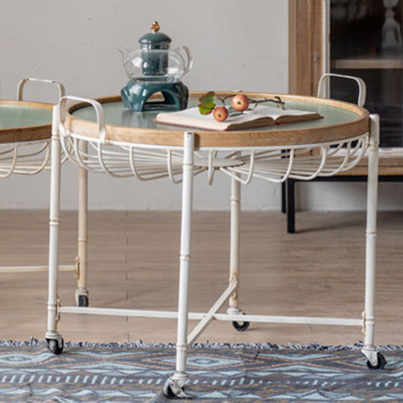 Traditional Vintage Round Solid Wood Iron Tempered Glass End Table Movable 4-Leg For Living Room