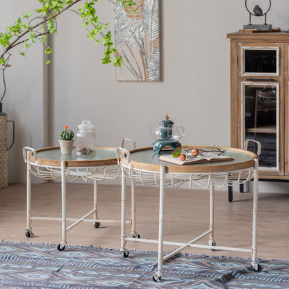Traditional Vintage Round Solid Wood Iron Tempered Glass End Table Movable 4-Leg For Living Room