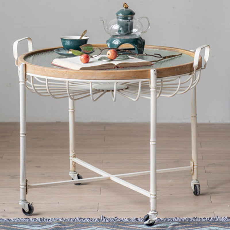 Traditional Vintage Round Solid Wood Iron Tempered Glass End Table Movable 4-Leg For Living Room