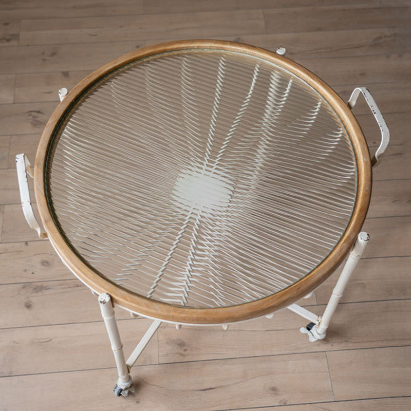 Traditional Vintage Round Solid Wood Iron Tempered Glass End Table Movable 4-Leg For Living Room