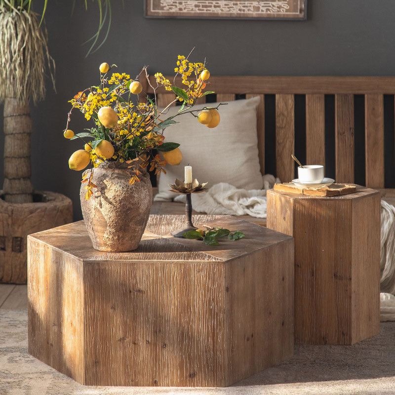 Traditional Vintage Hexagonal Solid Wood End Table With Non-Slip Feet Medium Density Fiberboard Base For Living Room
