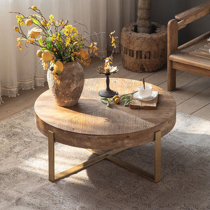 Traditional Vintage Round Square Solid Wood Iron Medium-Density Fiberboard End Table For Living Room