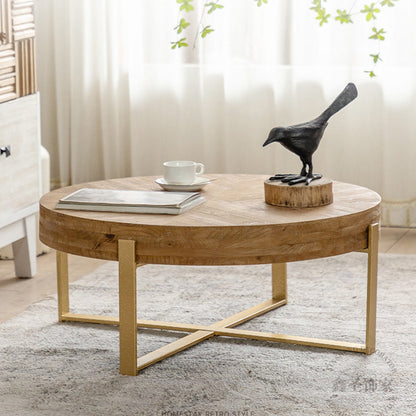 Traditional Vintage Round Square Solid Wood Iron Medium-Density Fiberboard End Table For Living Room