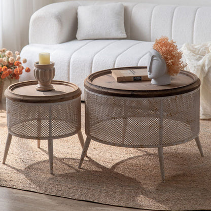 Traditional Vintage Round Solid Wood Iron Openwork End Table 4-Leg Non-Slip Pads For Living Room