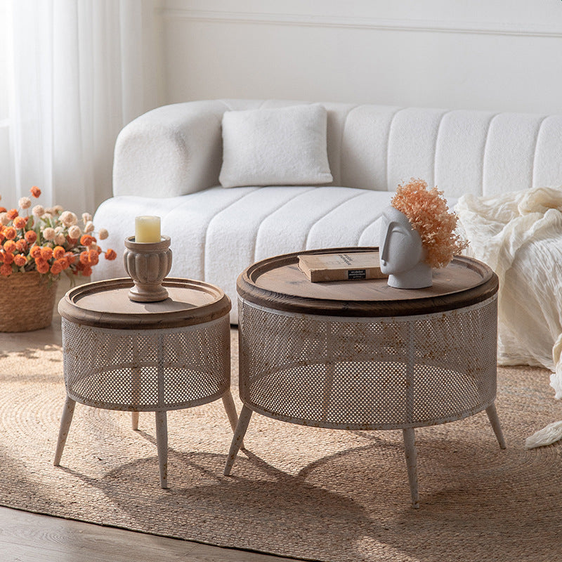Traditional Vintage Round Solid Wood Iron Openwork End Table 4-Leg Non-Slip Pads For Living Room