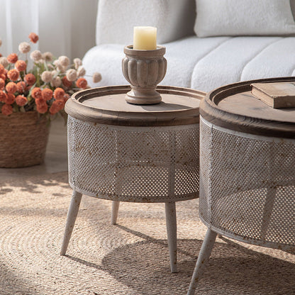 Traditional Vintage Round Solid Wood Iron Openwork End Table 4-Leg Non-Slip Pads For Living Room
