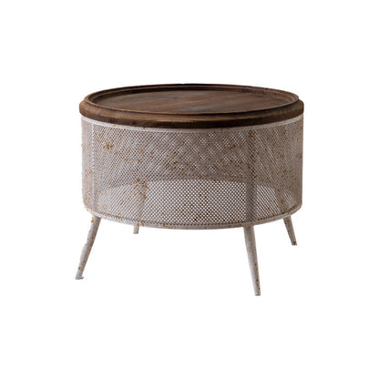 Traditional Vintage Round Solid Wood Iron Openwork End Table 4-Leg Non-Slip Pads For Living Room