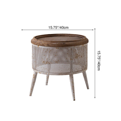 Traditional Vintage Round Solid Wood Iron Openwork End Table 4-Leg Non-Slip Pads For Living Room