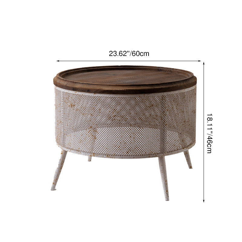 Traditional Vintage Round Solid Wood Iron Openwork End Table 4-Leg Non-Slip Pads For Living Room