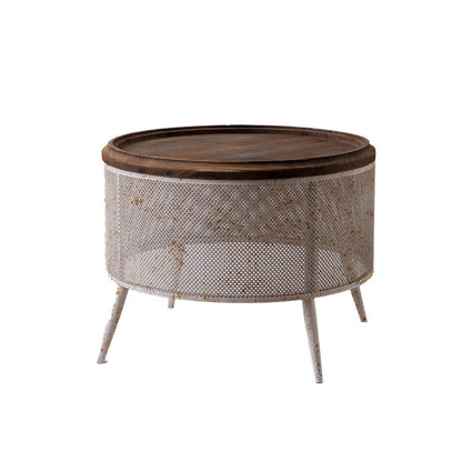 Traditional Vintage Round Solid Wood Iron Openwork End Table 4-Leg Non-Slip Pads For Living Room