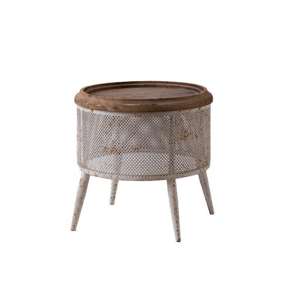 Traditional Vintage Round Solid Wood Iron Openwork End Table 4-Leg Non-Slip Pads For Living Room