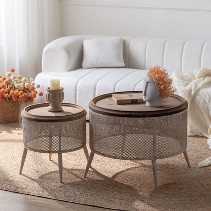 Traditional Vintage Round Solid Wood Iron Openwork End Table 4-Leg Non-Slip Pads For Living Room