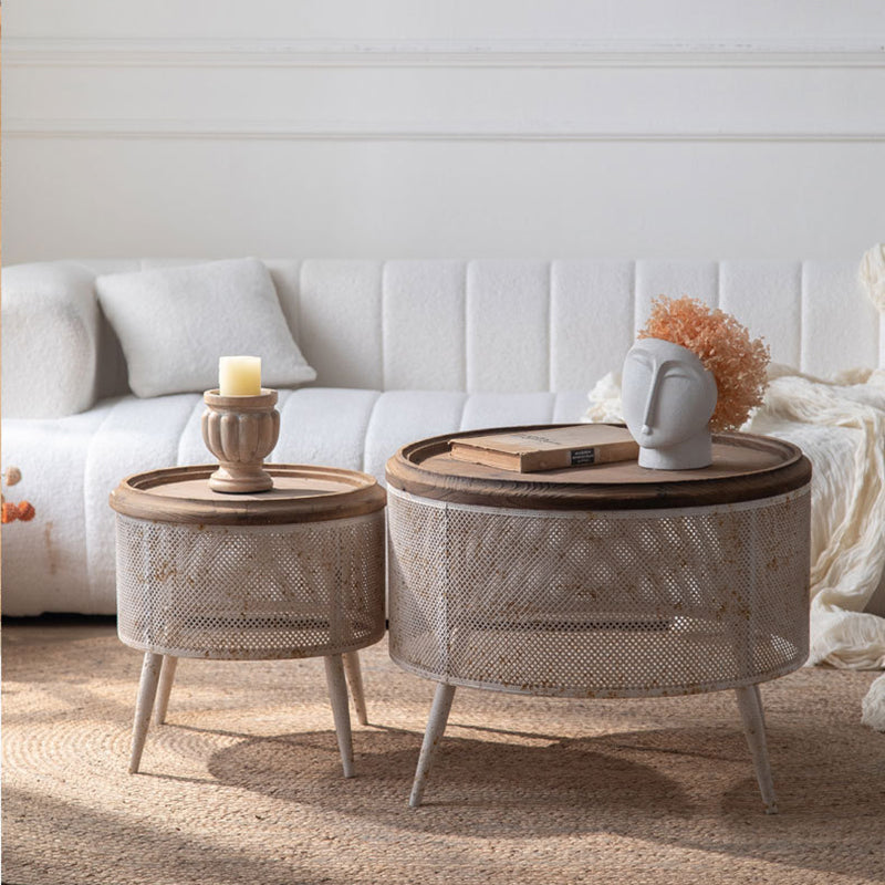 Traditional Vintage Round Solid Wood Iron Openwork End Table 4-Leg Non-Slip Pads For Living Room