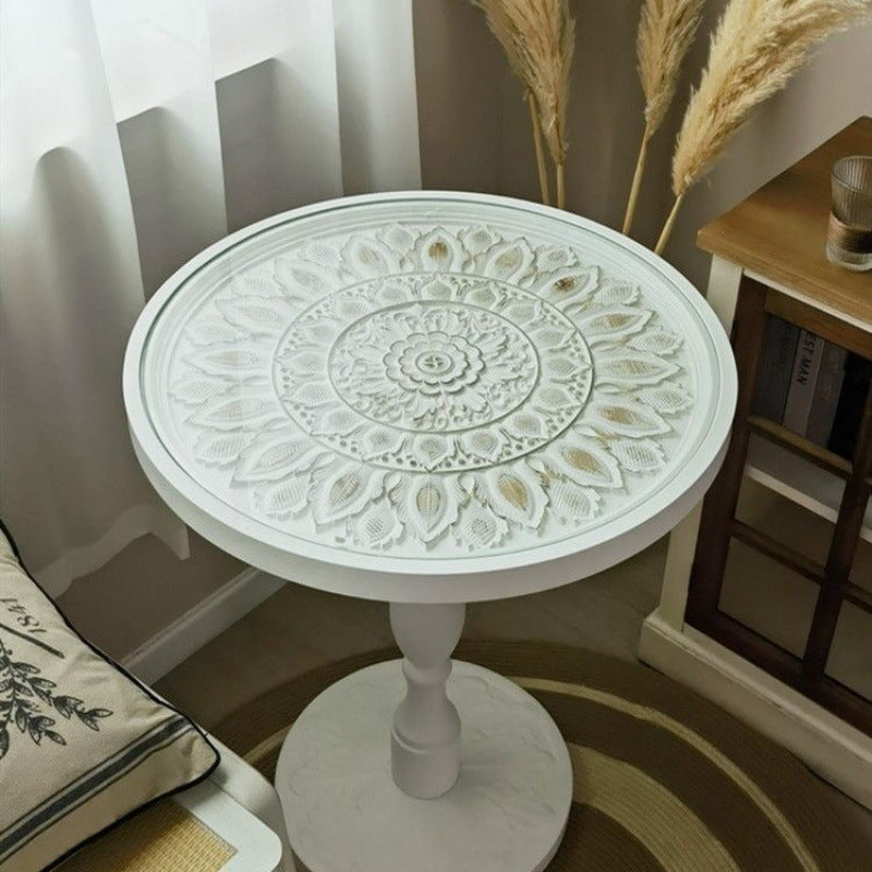 Traditional Vintage Round Solid Wood Glass Carved End Table For Living Room