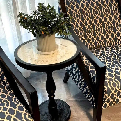 Traditional Vintage Round Solid Wood Glass Carved End Table For Living Room