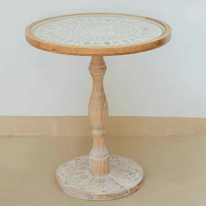 Traditional Vintage Round Solid Wood Glass Carved End Table For Living Room