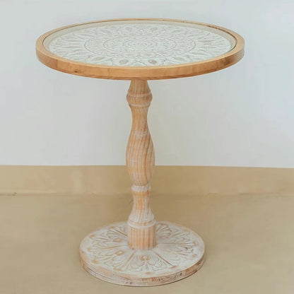 Traditional Vintage Round Solid Wood Glass Carved End Table For Living Room