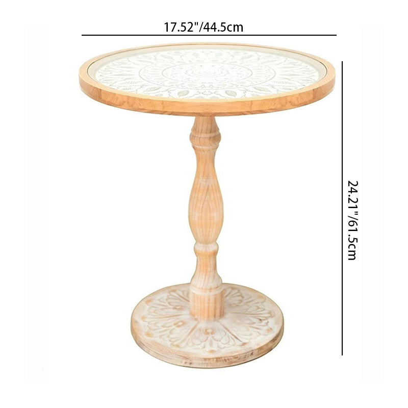 Traditional Vintage Round Solid Wood Glass Carved End Table For Living Room