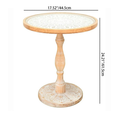 Traditional Vintage Round Solid Wood Glass Carved End Table For Living Room